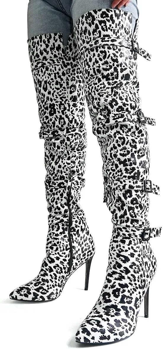 XYD Women Stiletto High Heel Over The Knee Boots Pointed Toe Buckled Strappy Thigh High Boot Winter Night Club Shoes
