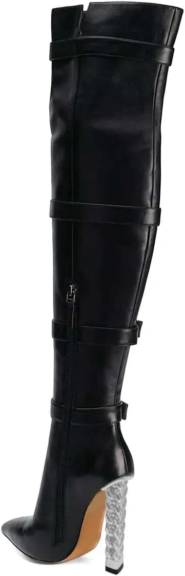 XYD Women Stiletto High Heel Over The Knee Boots Pointed Toe Buckled Strappy Thigh High Boot Winter Night Club Shoes