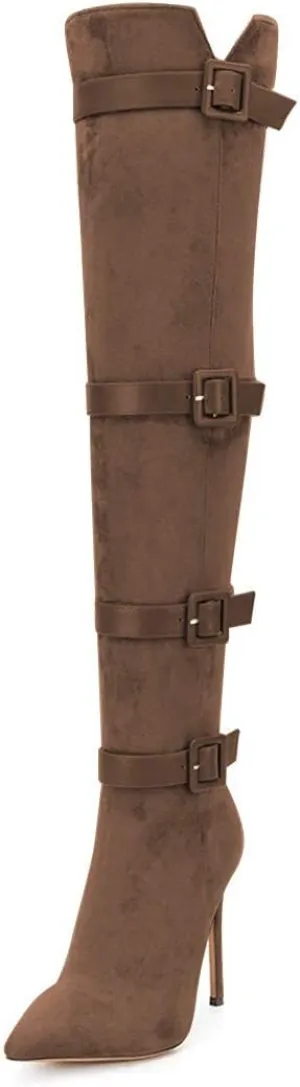 XYD Women Stiletto High Heel Over The Knee Boots Pointed Toe Buckled Strappy Thigh High Boot Winter Night Club Shoes