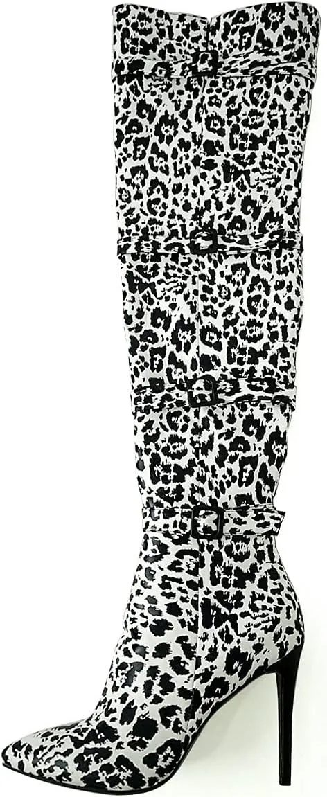 XYD Women Stiletto High Heel Over The Knee Boots Pointed Toe Buckled Strappy Thigh High Boot Winter Night Club Shoes