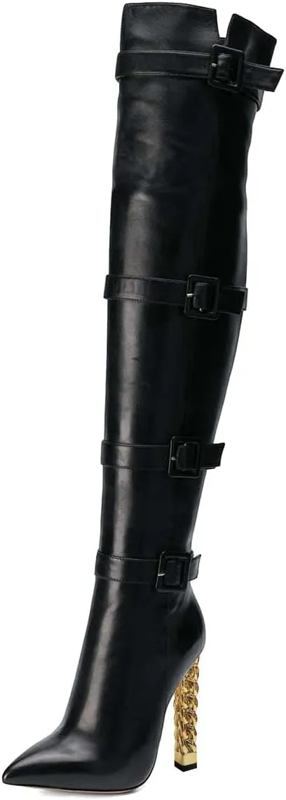 XYD Women Stiletto High Heel Over The Knee Boots Pointed Toe Buckled Strappy Thigh High Boot Winter Night Club Shoes