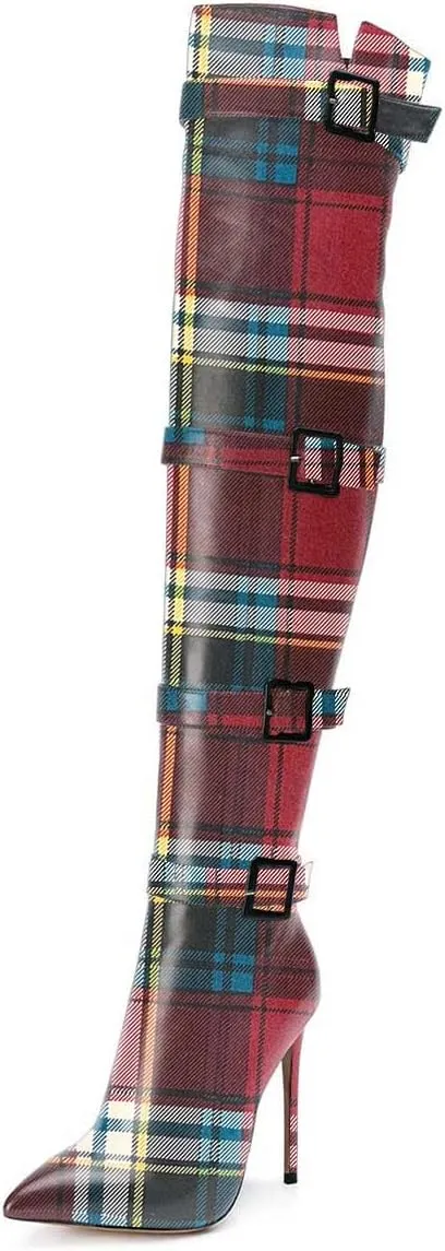 XYD Women Stiletto High Heel Over The Knee Boots Pointed Toe Buckled Strappy Thigh High Boot Winter Night Club Shoes