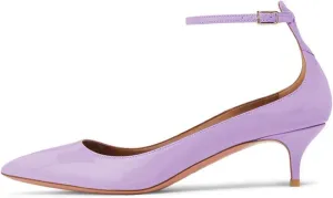 XYD Women's Patent Leather Glossy Closed Pointy Toe Kitten Low Heel Pumps Ankle Strap Buckled Party Dress Shoes