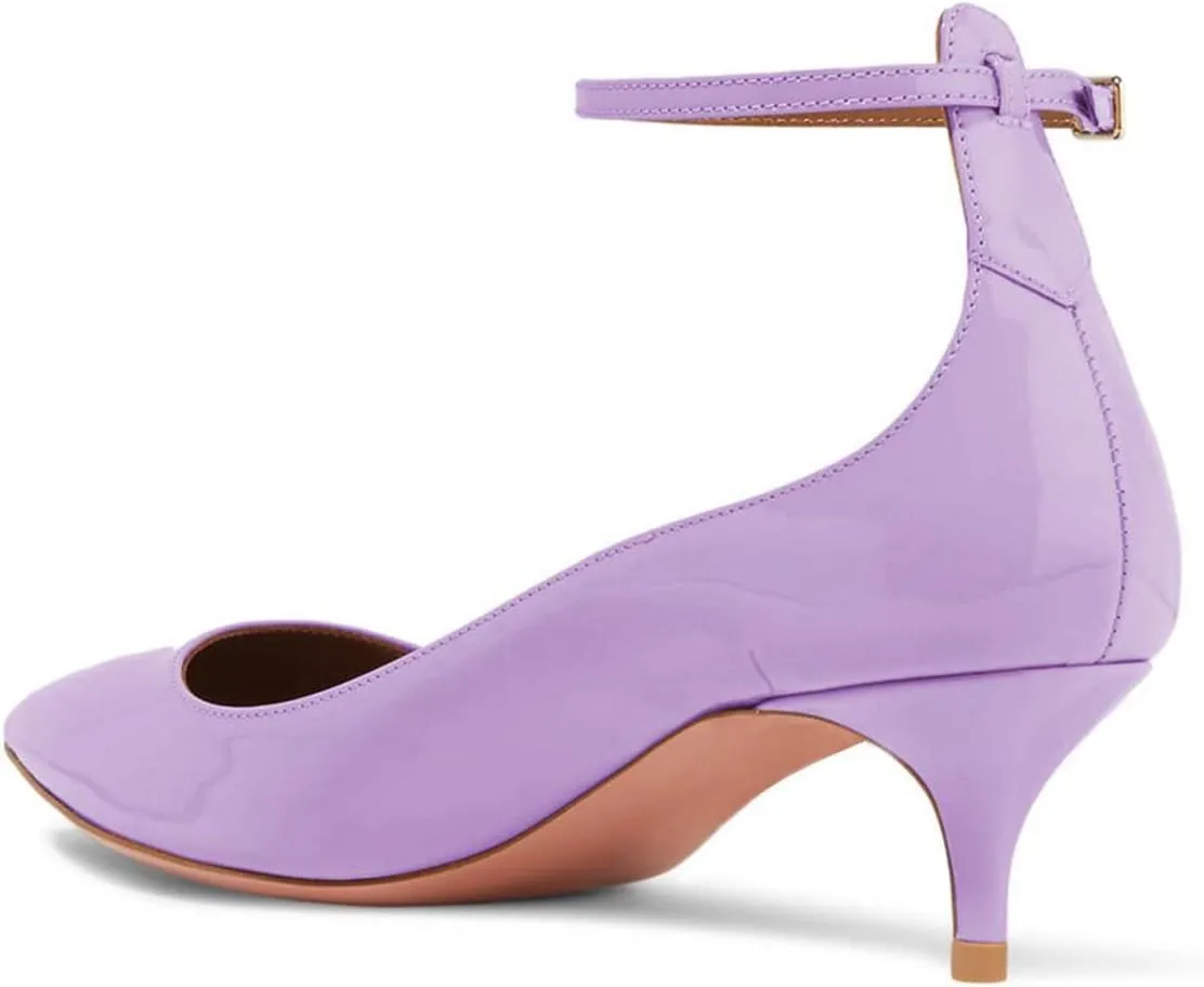 XYD Women's Patent Leather Glossy Closed Pointy Toe Kitten Low Heel Pumps Ankle Strap Buckled Party Dress Shoes
