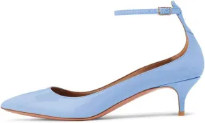 XYD Women's Patent Leather Glossy Closed Pointy Toe Kitten Low Heel Pumps Ankle Strap Buckled Party Dress Shoes