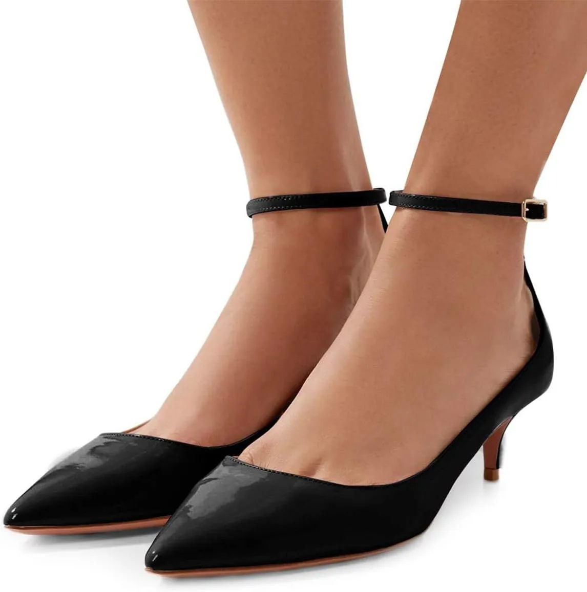 XYD Women's Patent Leather Glossy Closed Pointy Toe Kitten Low Heel Pumps Ankle Strap Buckled Party Dress Shoes