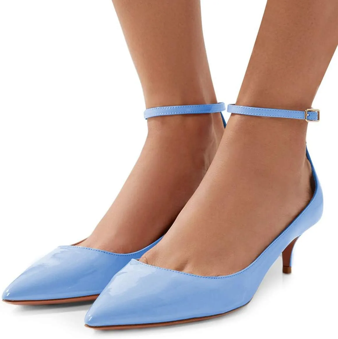 XYD Women's Patent Leather Glossy Closed Pointy Toe Kitten Low Heel Pumps Ankle Strap Buckled Party Dress Shoes