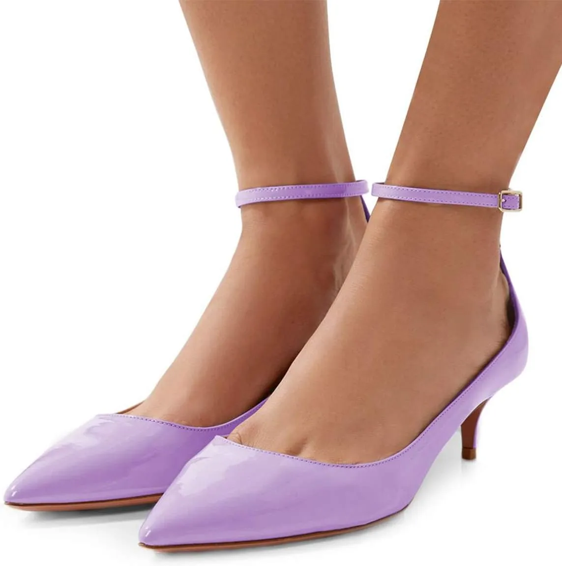XYD Women's Patent Leather Glossy Closed Pointy Toe Kitten Low Heel Pumps Ankle Strap Buckled Party Dress Shoes
