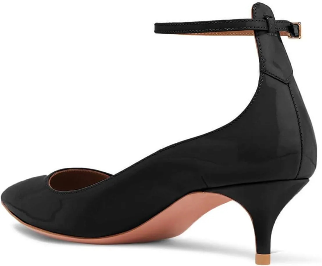 XYD Women's Patent Leather Glossy Closed Pointy Toe Kitten Low Heel Pumps Ankle Strap Buckled Party Dress Shoes
