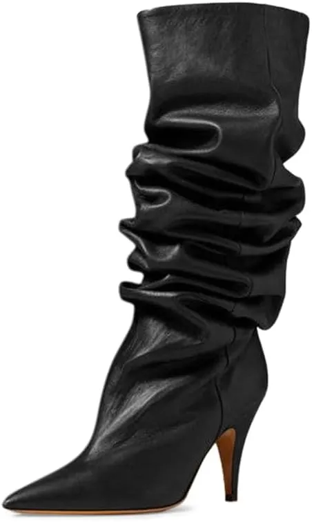 YDN Women Cozy Slouchy Closed Toe Knee High Boots Mid High Heel Pull On Wide Calf Booties Warm Party Dating Shoes Size 4-16 US