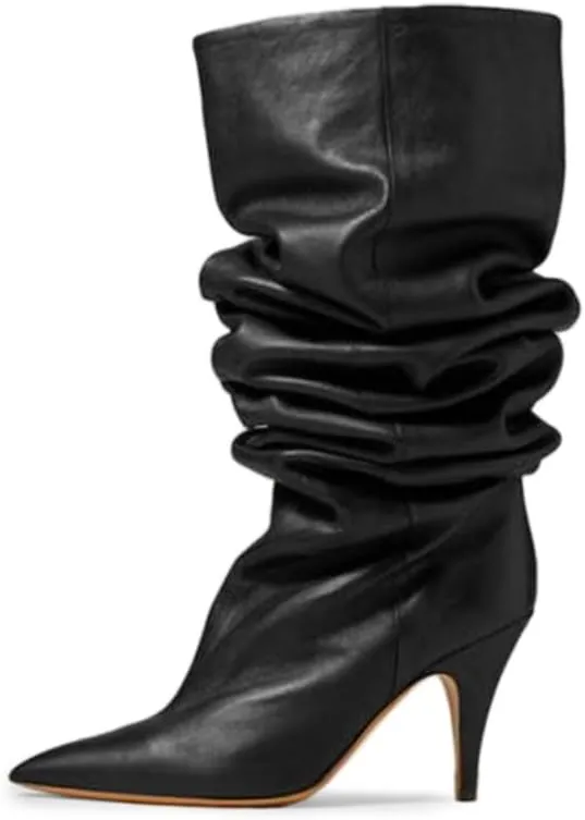 YDN Women Cozy Slouchy Closed Toe Knee High Boots Mid High Heel Pull On Wide Calf Booties Warm Party Dating Shoes Size 4-16 US
