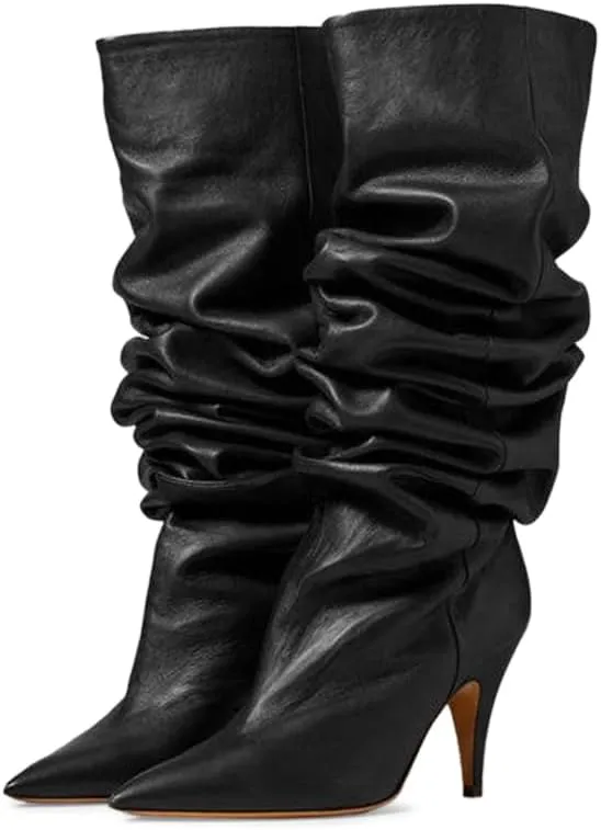 YDN Women Cozy Slouchy Closed Toe Knee High Boots Mid High Heel Pull On Wide Calf Booties Warm Party Dating Shoes Size 4-16 US