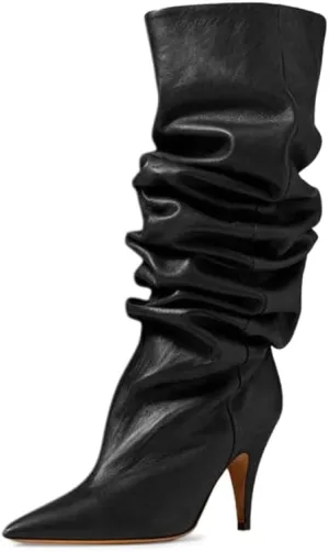 YDN Women Cozy Slouchy Closed Toe Knee High Boots Mid High Heel Pull On Wide Calf Booties Warm Party Dating Shoes Size 4-16 US