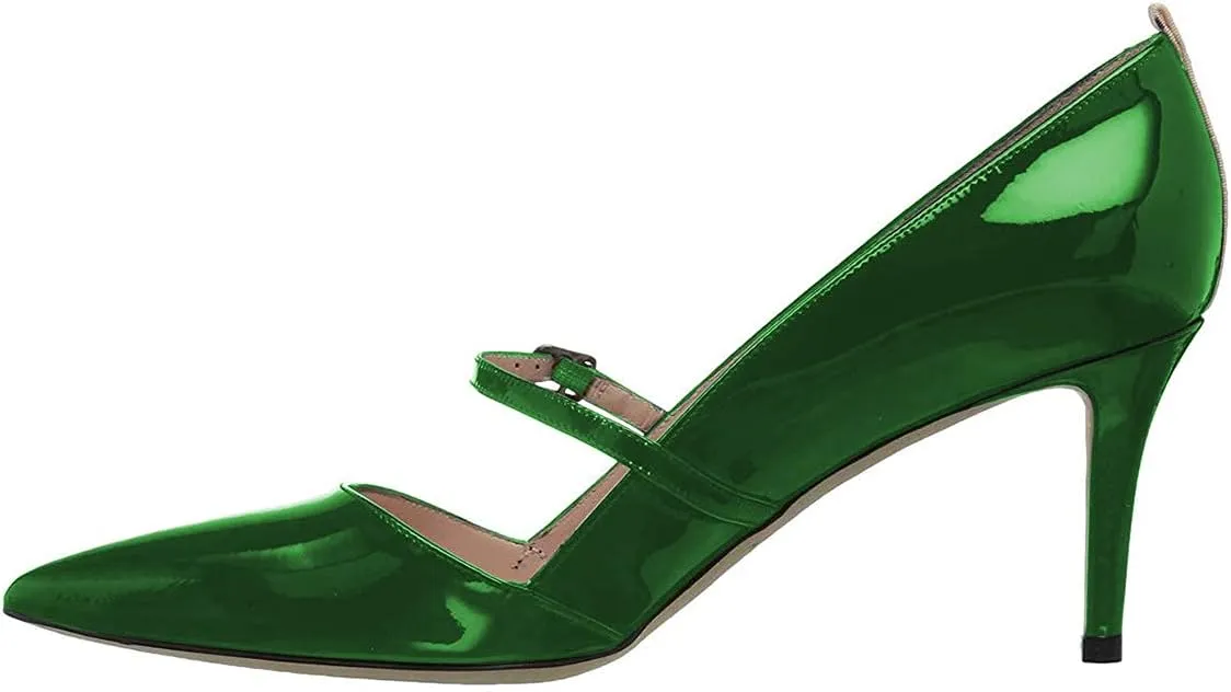 YDN Women Mary Jane Pointed Toe Mid Heels Pumps Slip On Buckled Dress Formal Office Lady Shoes Size 4-15 US