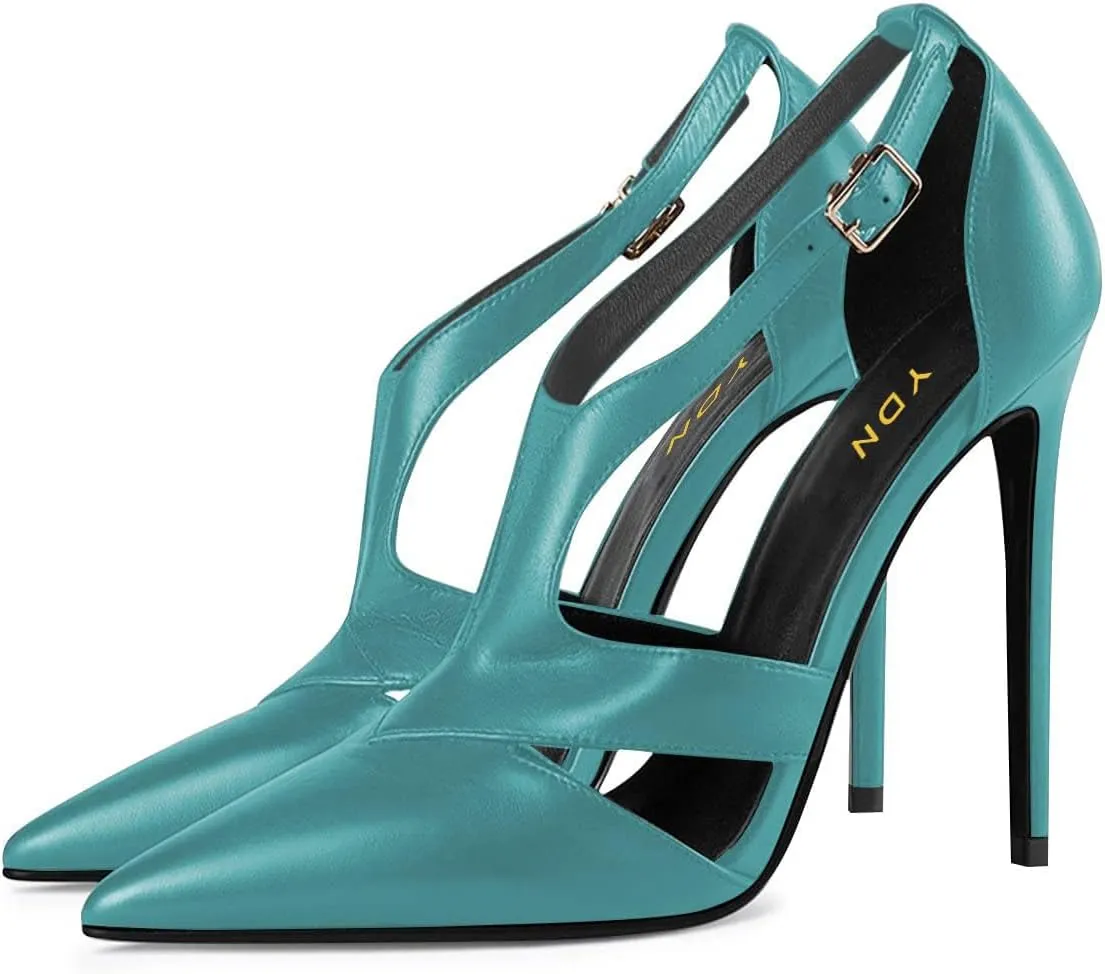 YDN Women Pointed Toe Stiletto High Heel Ankle Strap Cut Out T-Strap D'Orsay Dress Pumps Shoes Sexy Date Office Ladies Shoes Size 4-15 US