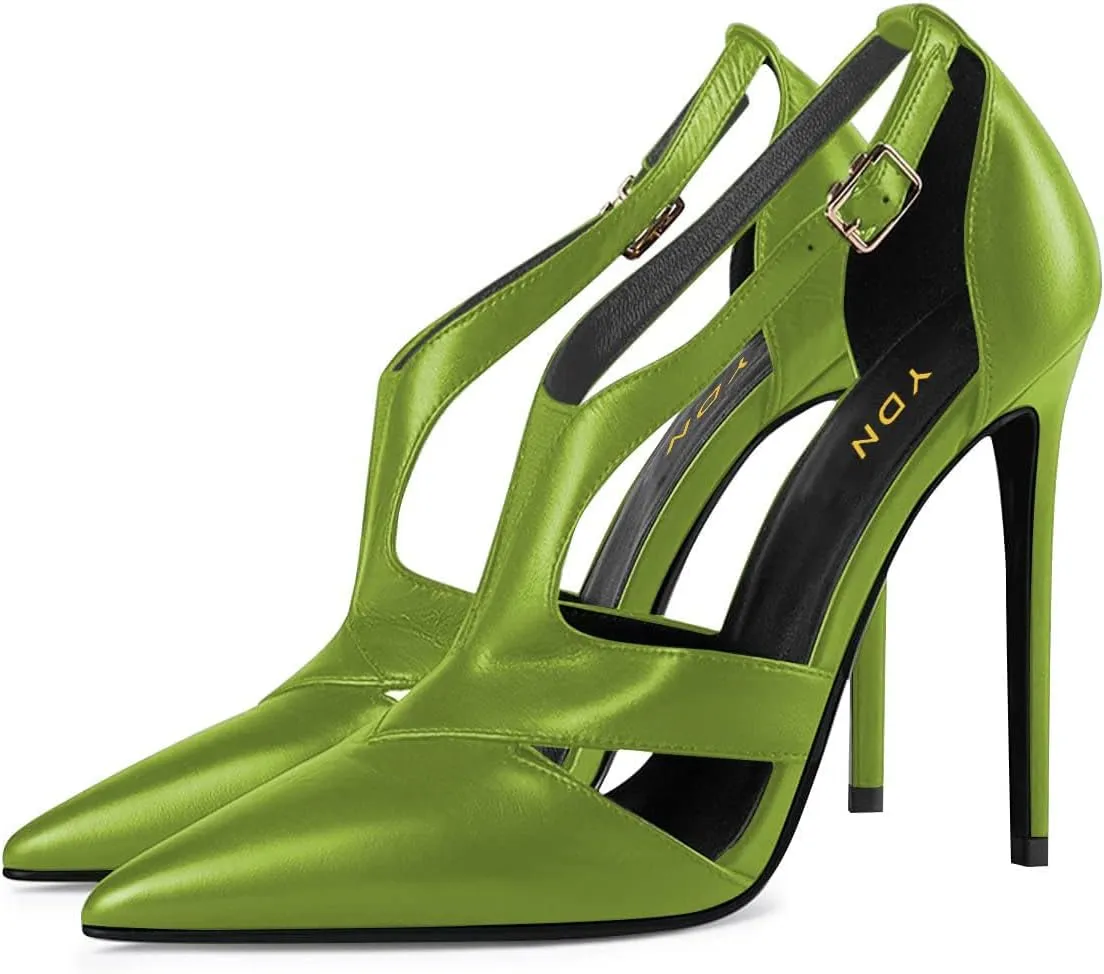 YDN Women Pointed Toe Stiletto High Heel Ankle Strap Cut Out T-Strap D'Orsay Dress Pumps Shoes Sexy Date Office Ladies Shoes Size 4-15 US
