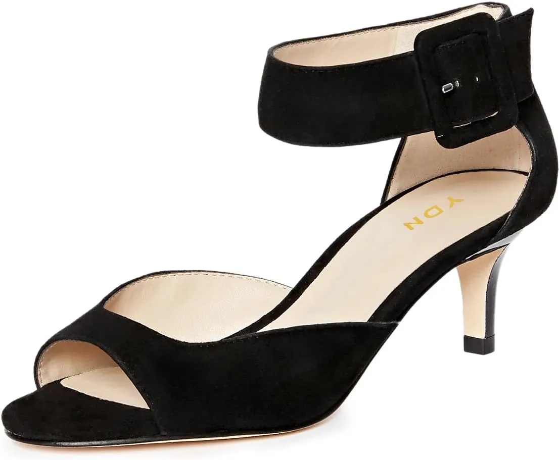 YDN Women's Open Peep Toe Heeled Sandals Kitten Low Heel Ankle Buckled Strap Wedding Prom Daily Outfit Dress Shoes Size 4-16 US