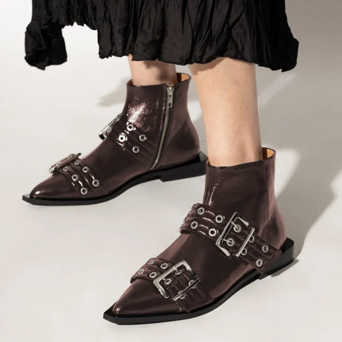 YDN Women's Pointed Toe Buckled Style Ankle Boots Low Chunky Heel Booties Shoes with Side Zipper for Party Daily Wear Size 4-16 US