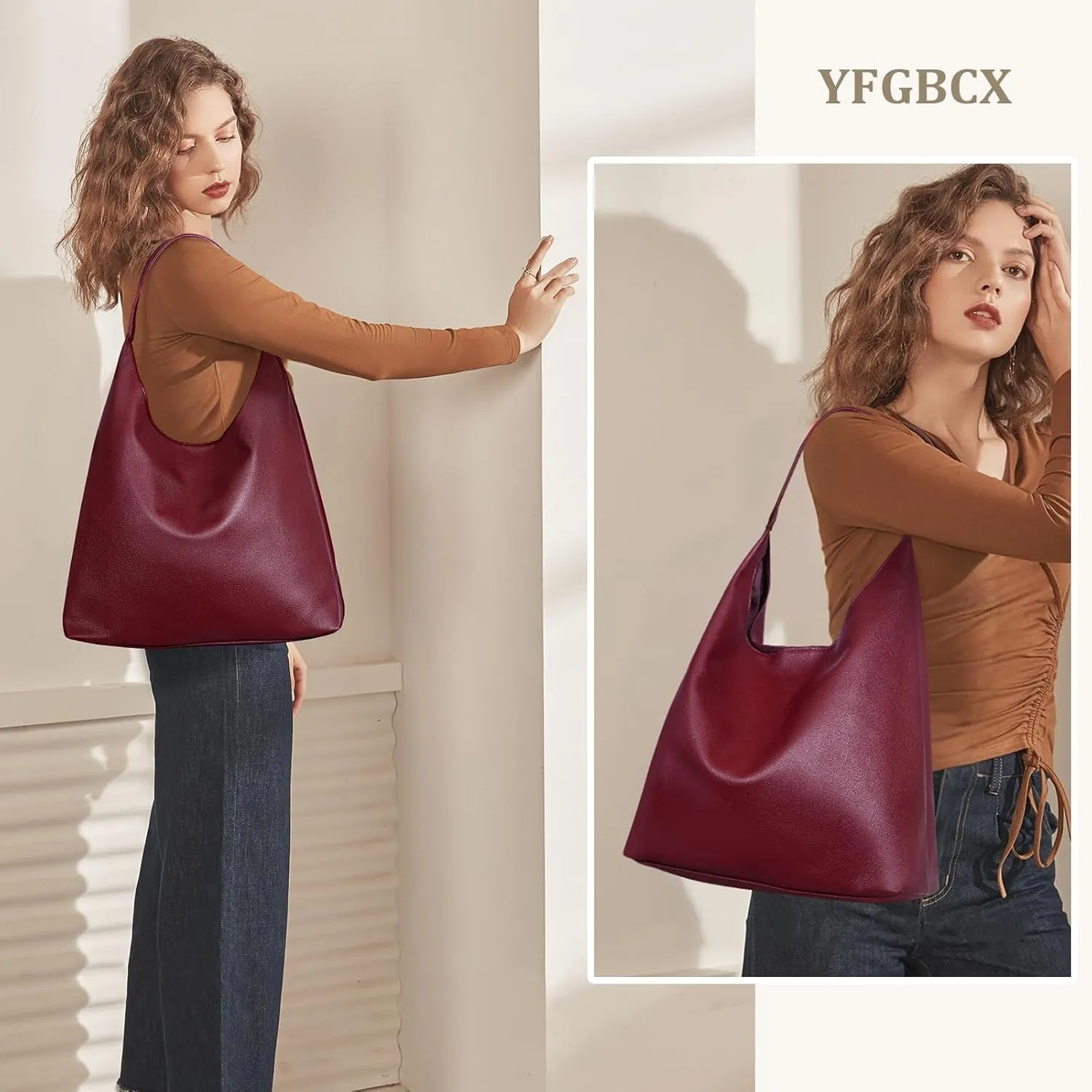 YFGBCX Slouchy Hobo Tote Bags for Women - Faux Leather Work & College Tote Handbags with Small Pouch