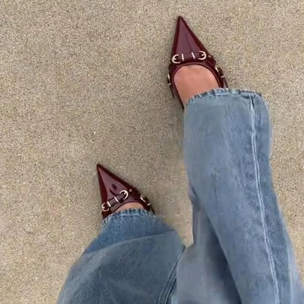 YIYA Slingback Kitten Fall Heels for Women Buckled Closed Pointed Toe Stiletto Low Heels Backless Slip On Party Dress Pumps Shoes