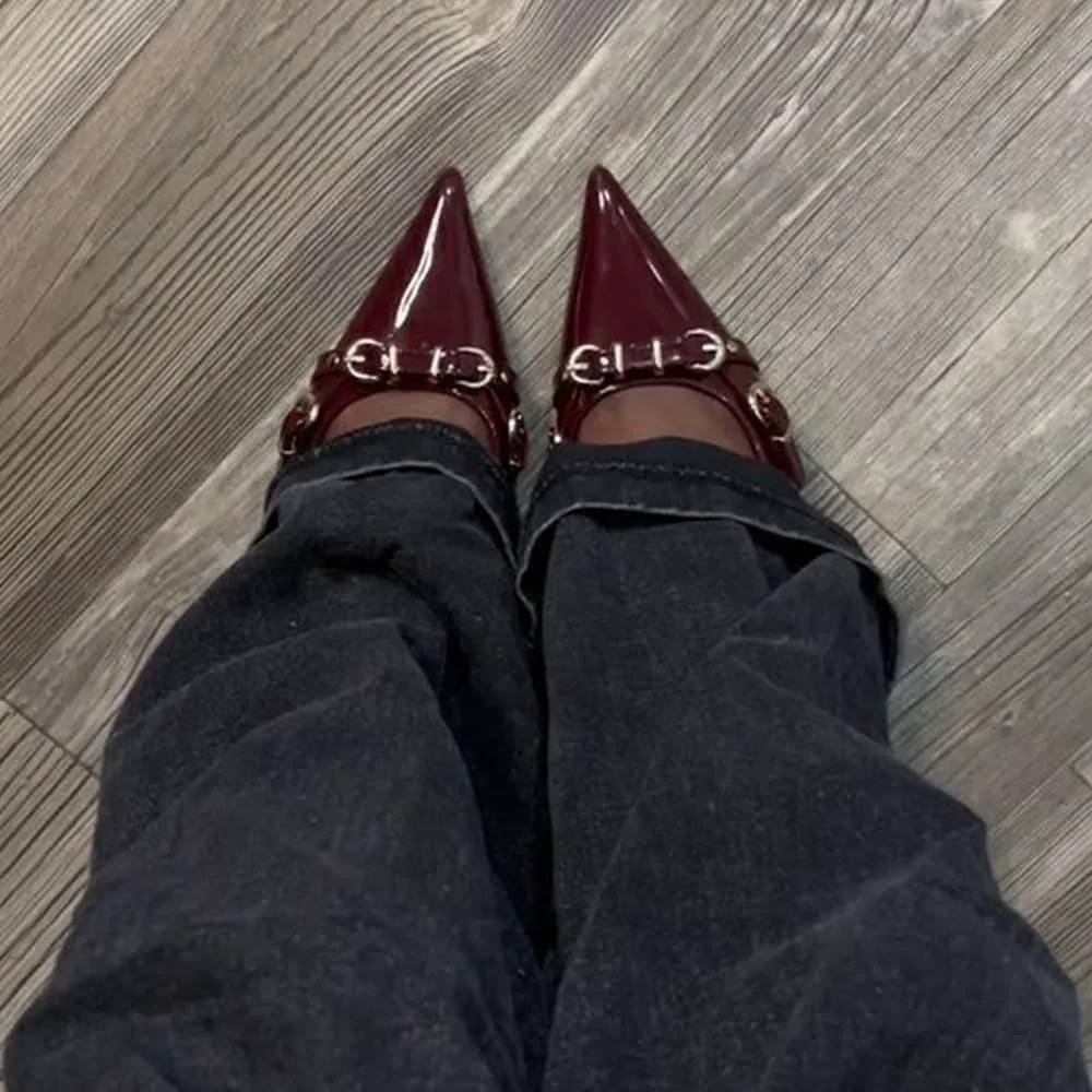 YIYA Slingback Kitten Fall Heels for Women Buckled Closed Pointed Toe Stiletto Low Heels Backless Slip On Party Dress Pumps Shoes