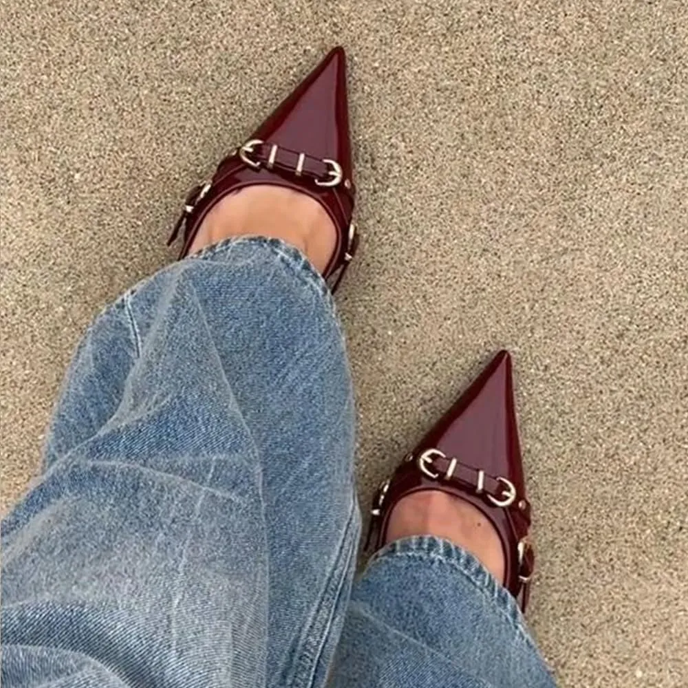 YIYA Slingback Kitten Fall Heels for Women Buckled Closed Pointed Toe Stiletto Low Heels Backless Slip On Party Dress Pumps Shoes