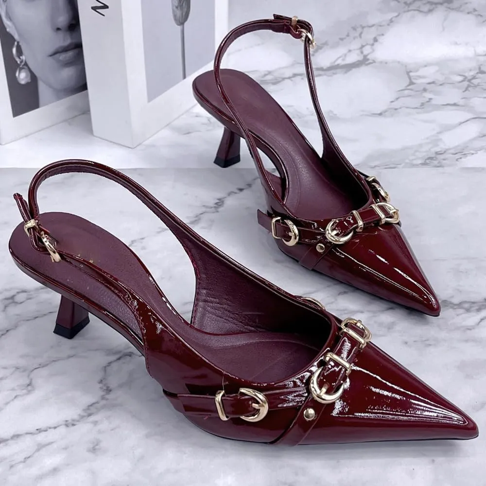 YIYA Slingback Kitten Fall Heels for Women Buckled Closed Pointed Toe Stiletto Low Heels Backless Slip On Party Dress Pumps Shoes