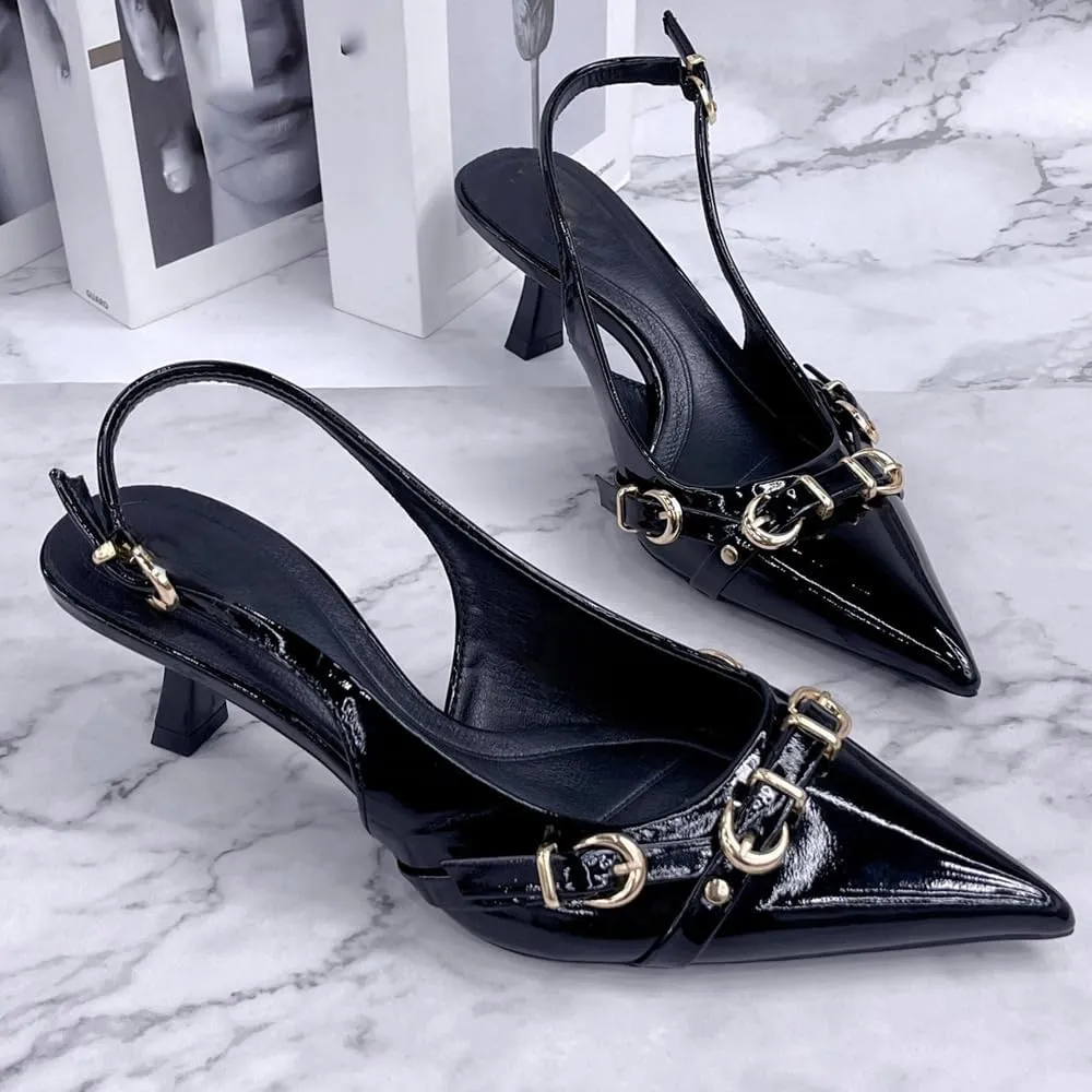 YIYA Slingback Kitten Fall Heels for Women Buckled Closed Pointed Toe Stiletto Low Heels Backless Slip On Party Dress Pumps Shoes