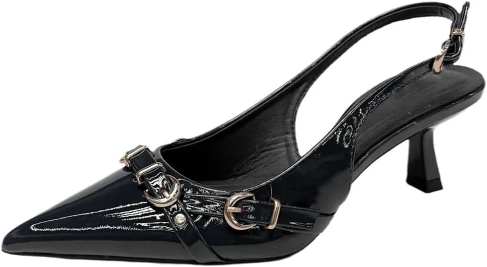 YIYA Slingback Kitten Fall Heels for Women Buckled Closed Pointed Toe Stiletto Low Heels Backless Slip On Party Dress Pumps Shoes