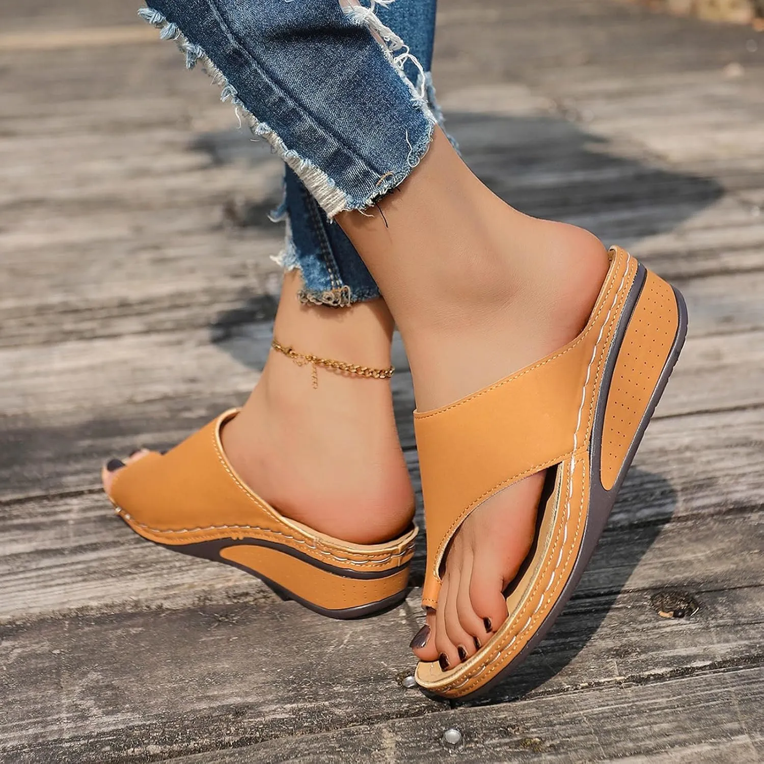 ZSpzx Women's Slide Sandals,Comfortable Arch Support Sandals Summer Orthotic Split Toe Leather Wedge Casual Sandal Cushion Flip Flops Womens Straps Slip-On Plantar Fasciitis Bunion Dressy Beach Shoes