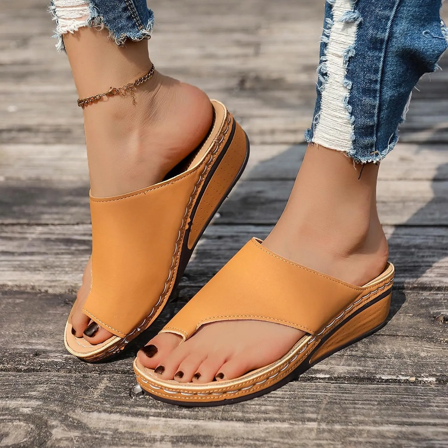 ZSpzx Women's Slide Sandals,Comfortable Arch Support Sandals Summer Orthotic Split Toe Leather Wedge Casual Sandal Cushion Flip Flops Womens Straps Slip-On Plantar Fasciitis Bunion Dressy Beach Shoes