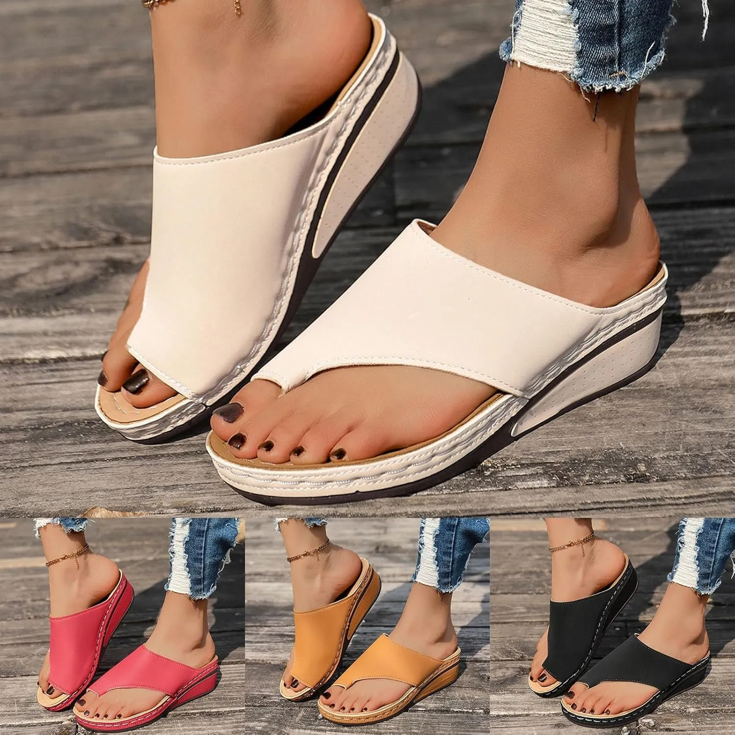 ZSpzx Women's Slide Sandals,Comfortable Arch Support Sandals Summer Orthotic Split Toe Leather Wedge Casual Sandal Cushion Flip Flops Womens Straps Slip-On Plantar Fasciitis Bunion Dressy Beach Shoes