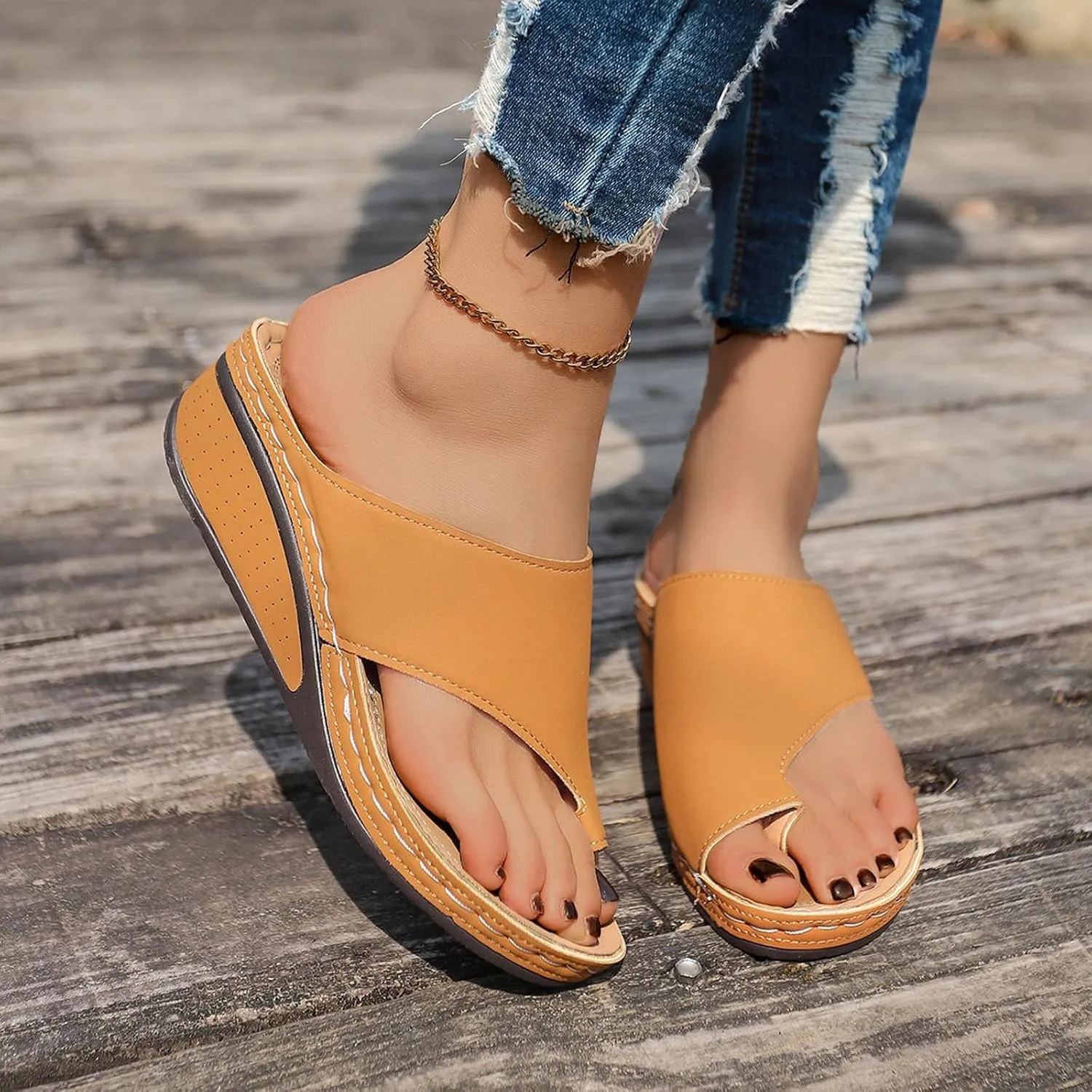 ZSpzx Women's Slide Sandals,Comfortable Arch Support Sandals Summer Orthotic Split Toe Leather Wedge Casual Sandal Cushion Flip Flops Womens Straps Slip-On Plantar Fasciitis Bunion Dressy Beach Shoes