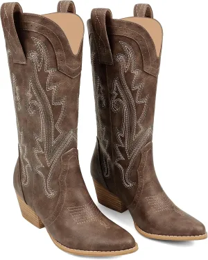 Zzheels Women Mid-calf Cowboy Boots Pointy Toe Boot Embroidered Western Cowgirl Boots Chunky Heels