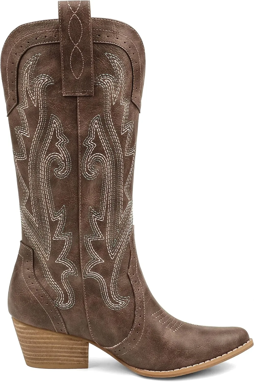 Zzheels Women Mid-calf Cowboy Boots Pointy Toe Boot Embroidered Western Cowgirl Boots Chunky Heels